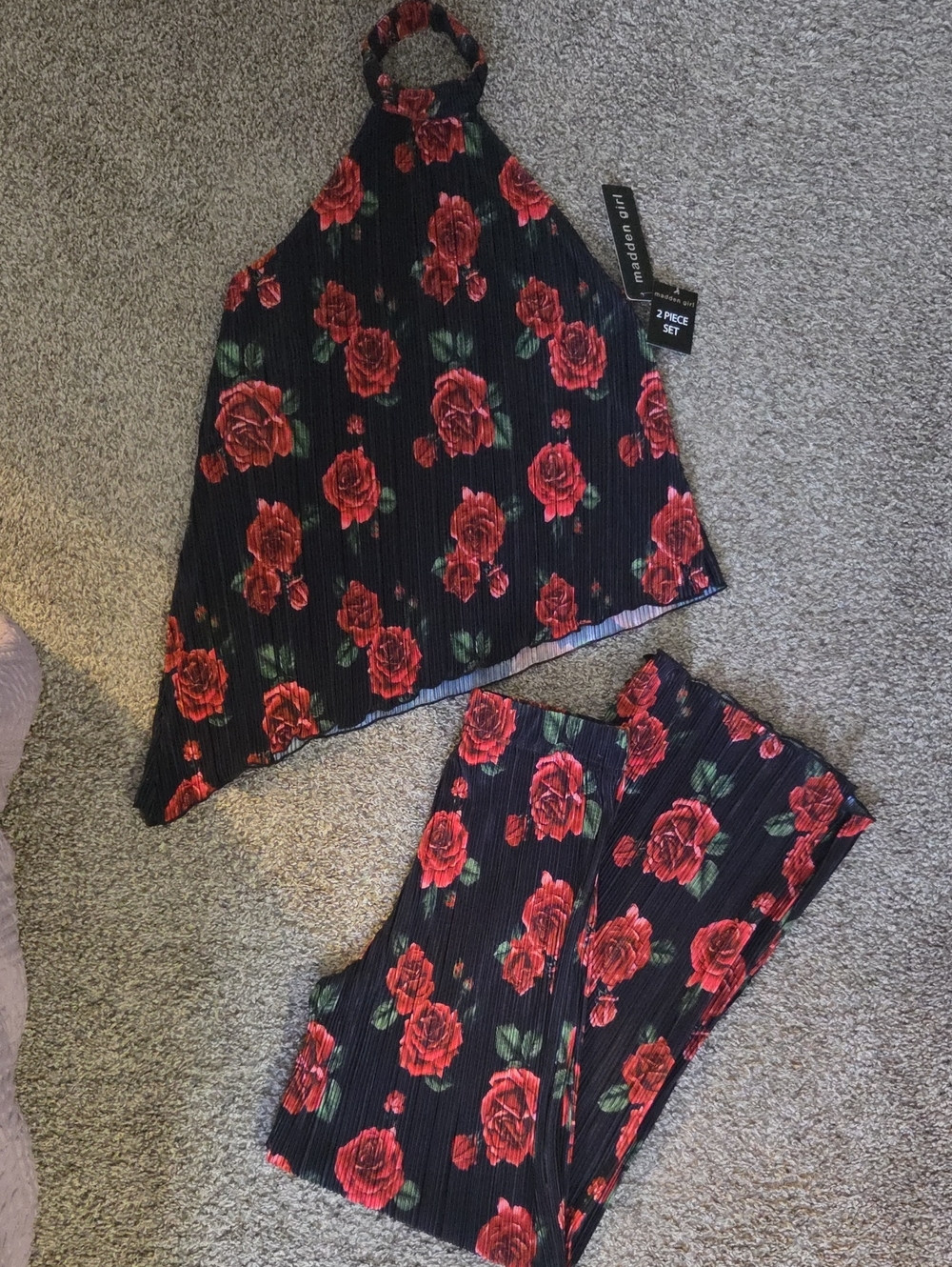 Madden Girl Black Halter Wide Leg Jumpsuit with Red Rose Print